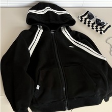 2025秋冬童装儿童加绒连帽外套韩版镶条男童中大童洋气加厚外套