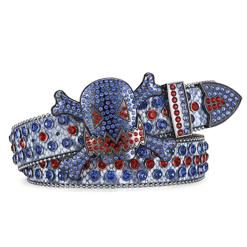 Hebilla de calavera, diamantes de imitación, cinturón de estilo punk de hip-hop masculino europeo y americano, cinturón de todo fósforo de moda personalizado, cinturón de diamantes completo para mujer