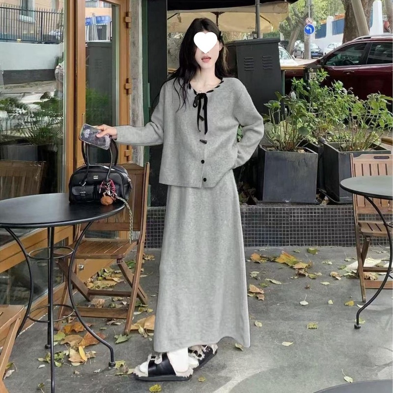 韩版圆领系带针织开衫时尚套装女秋冬新款宽松慵懒风半身裙两件套|undefined