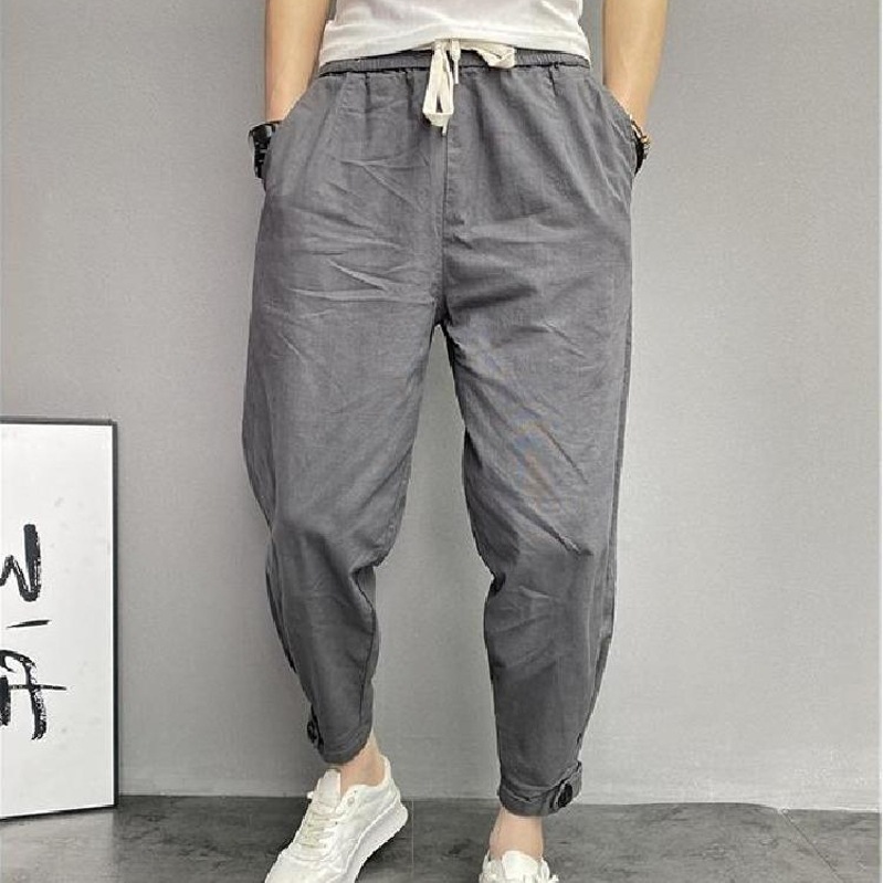 Pantalon décontracté d'été pour jeunes, en coton et lin, coupe ample avec petites jambes, pantalon pour homme de marque tendance chinoise en lin, 2024_voghion.com