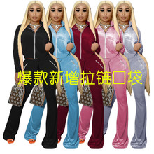 CN0161欧美女装亚马逊两件套韩国绒纯色性感露脐拉链口袋运动套装