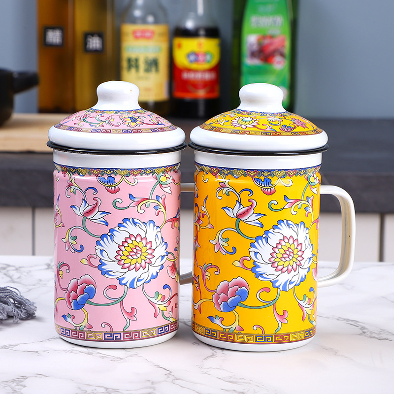 Enamel cup with tea strainer enamel handle office tea cup large capacity with strainer old-fashioned household large tea jar