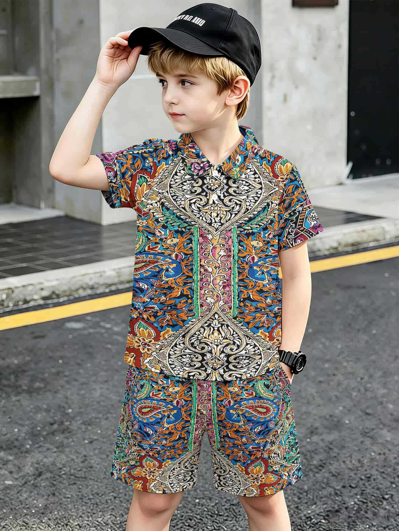 Ensemble polo et short style ethnique pour garçon européen_voghion.com