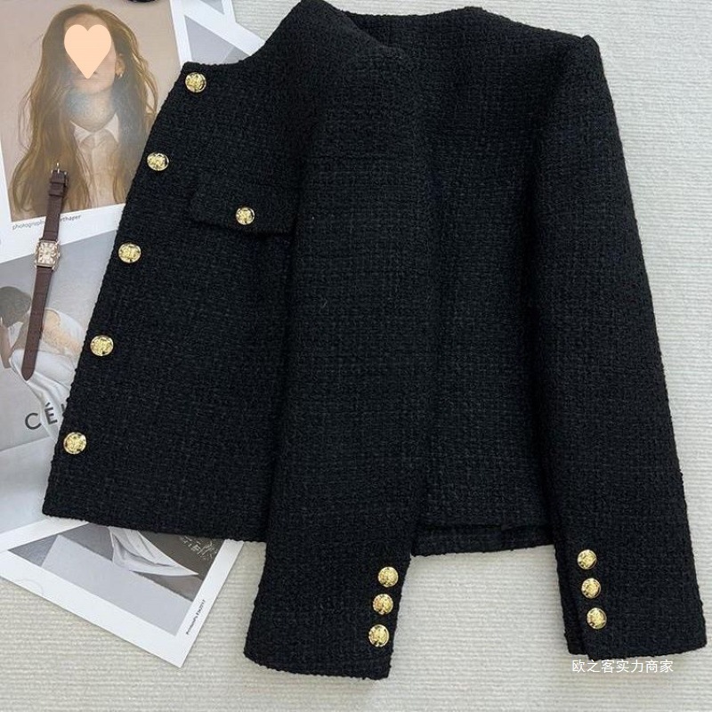 2025 Spring and Autumn High-End Round-Neck Chanel-Style Short Jacket for Petite Women, French Tweed Top with Elegant Temperament