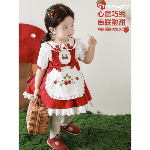 Wulibu Yi girls suit French dress cute strawberry embroidered lapel shirt summer bow shirt