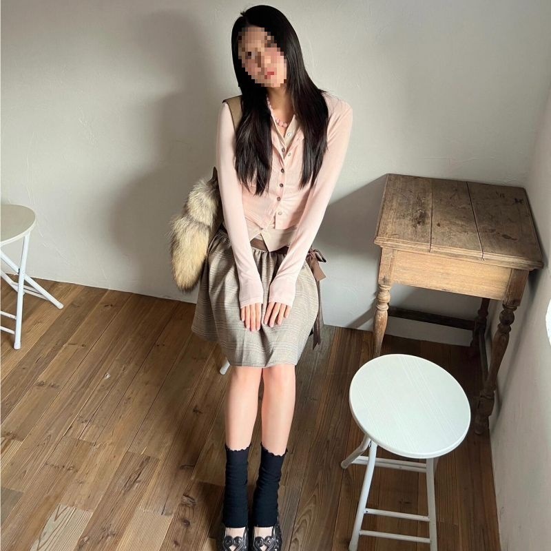美式辣妹修身假两件长袖针织衫上衣女个性复古格纹半身裙两件套装|undefined
