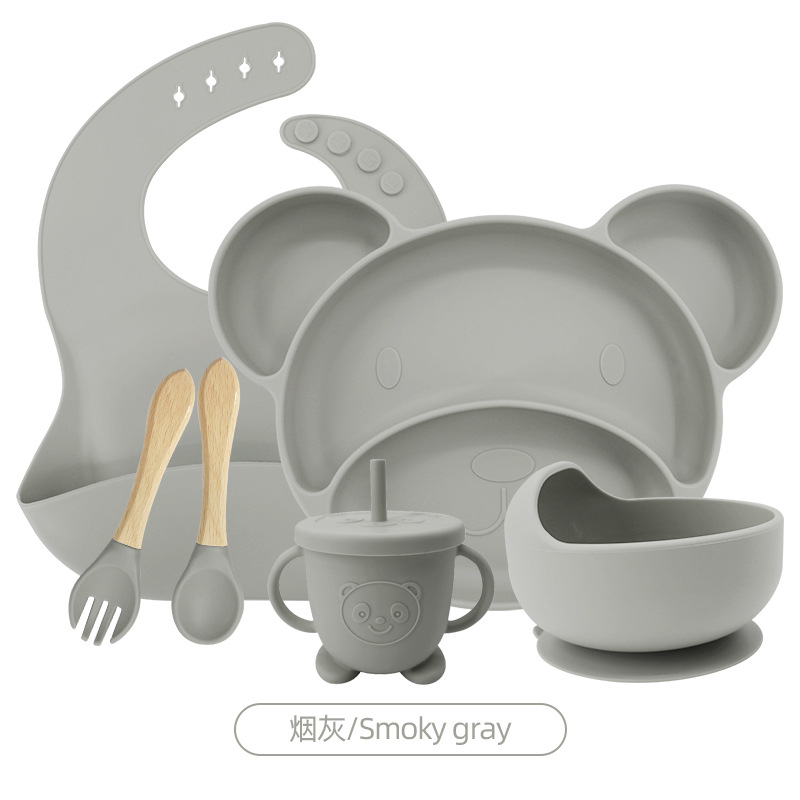 스모키 그레이 6 피스 세트 (턱받이 + 작은 미키 플레이트 + 그릇 + 나무 포크 스푼 + 곰 짚 컵)