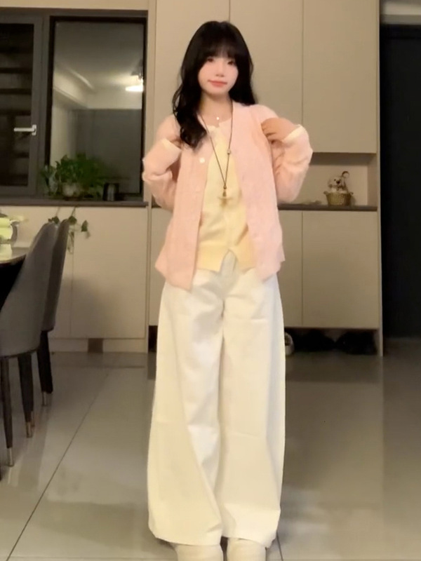 粉色假两件针织开衫女秋季新款软糯慵懒风高级感韩系穿搭毛衣外套|undefined