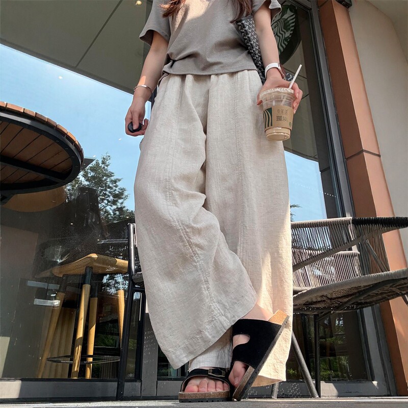 Summer Women's Thin Trendy Tencel Linen Wide-Leg Pants High-Waisted Slimming Casual Straight-Leg Cropped Pants Women's Thin Pants