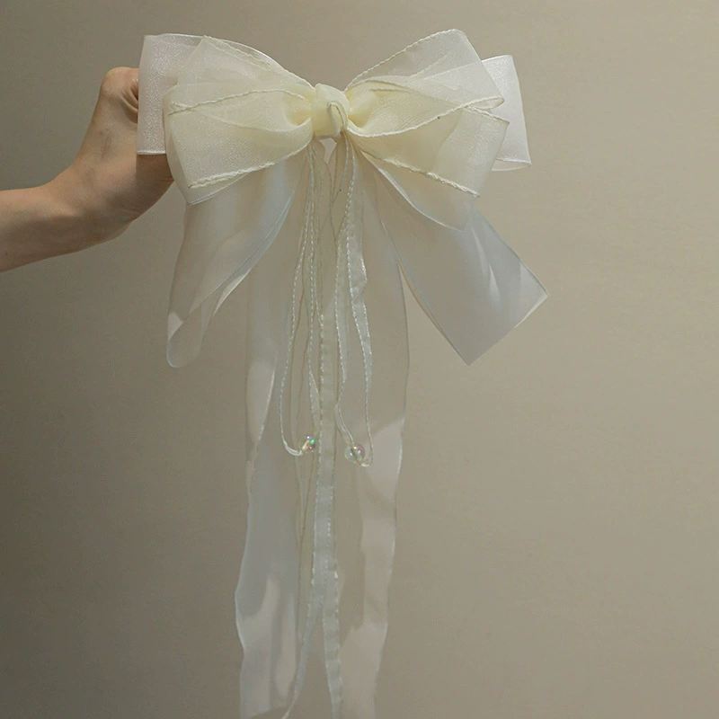 Большой бант Hair Clip — заколка-краб для волос, Elegant Ribbon Tails, Фуксия или Бежевый