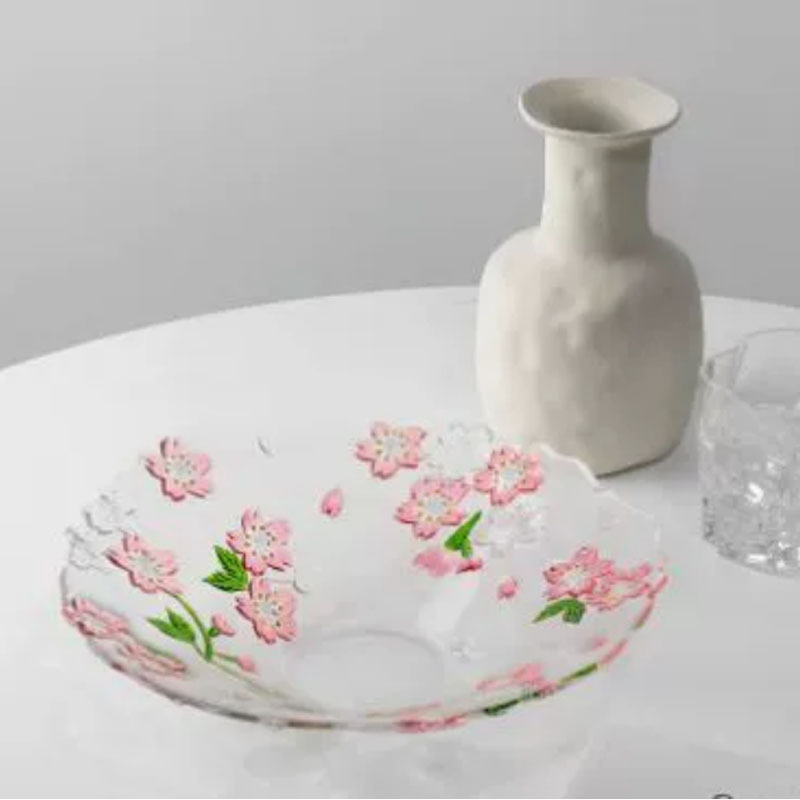 Japanese-Style Hand-Painted Cherry Blossom Plate, Heat-Resistant Glass Plate, Household Hand-Painted Glass Dish, Tableware Glass Flat Plate