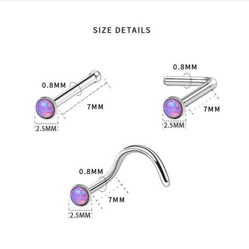 Cross-border hot selling personalized Opal nose nail piercing, Haoshi nose ring 316L stainless steel straight rod nose piercing jewelry
