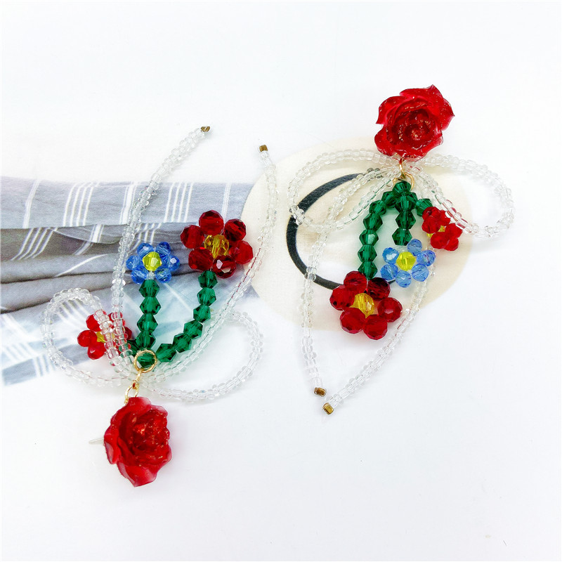 Fashion Red Flower Beaded New Crystal Bow Earrings Female display picture 3