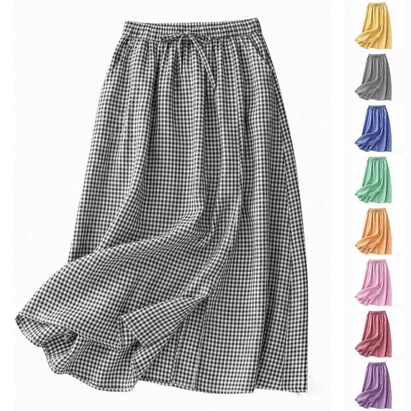 Vintage Cotton-Linen Women's Skirt Spring/Summer 2026 Loose High-Waisted Plaid Mid-Length Artistic A-Line Flared Skirt