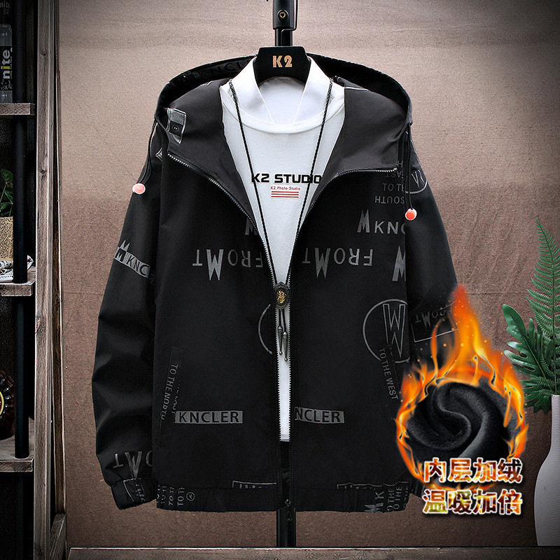 Trendy Brand Plus Size Men's Printed Hooded Jacket Sports Windproof Fat Man Plus Fat Coat Spring and Autumn Thin Top Trendy Brand Plus Size Men's Printed Hooded Jacket Sports Windproof Fat Man Plus Fat Coat Spring and Autumn Thin Top