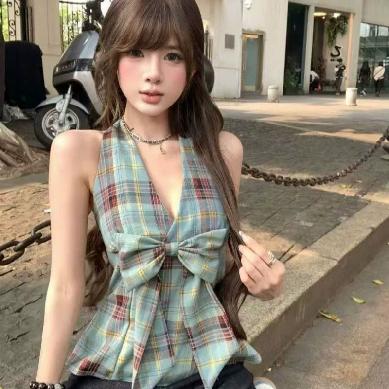 Женский клетчатый жилет с лямкой на шее в стиле ретро, ​​новый сексуальный топ без рукавов с v-образным вырезом и талией для похудения