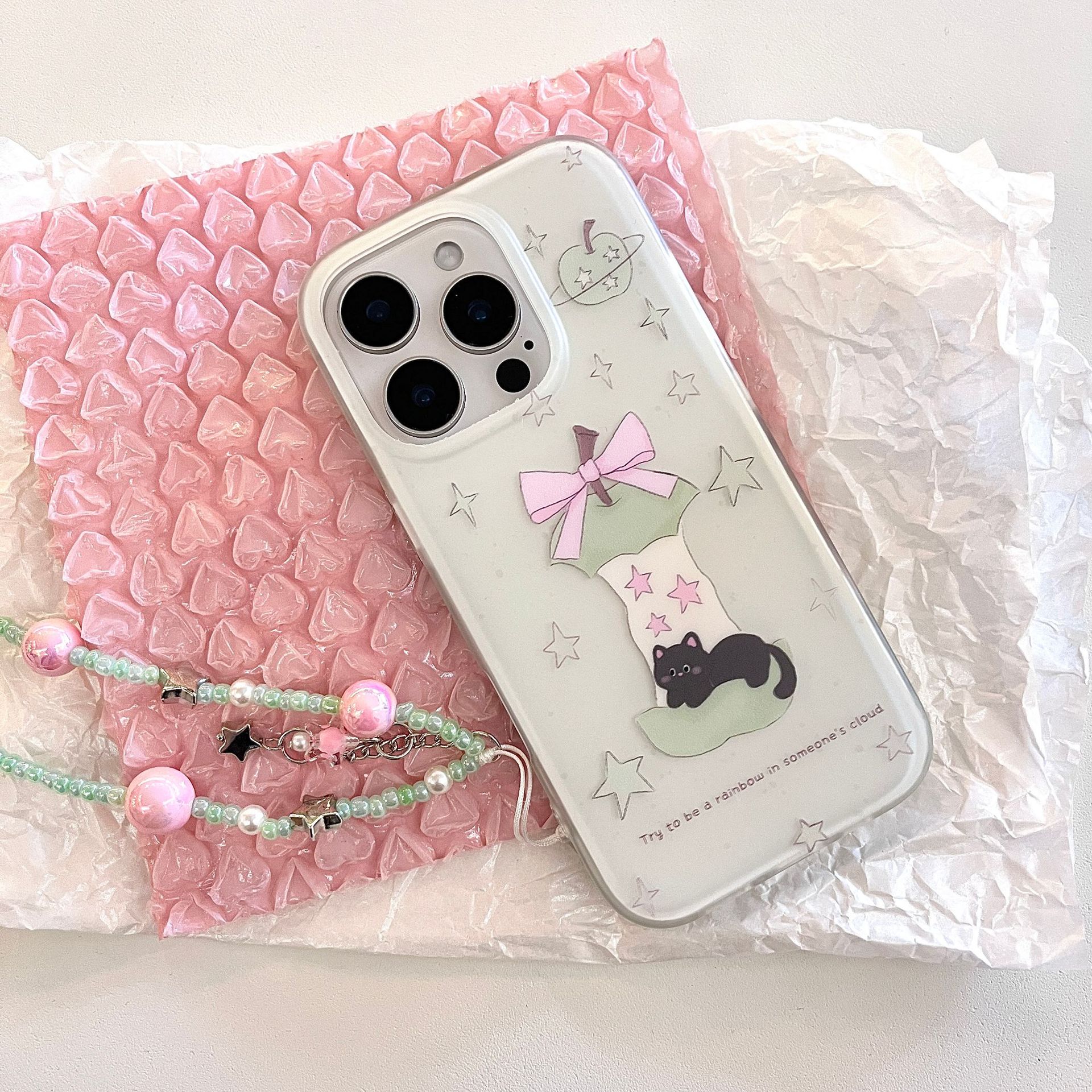 Coreano pequeña estrella fresca manzana núcleo gato negro para Apple 16ProMax funda para teléfono móvil cadena 15Pro 14/13