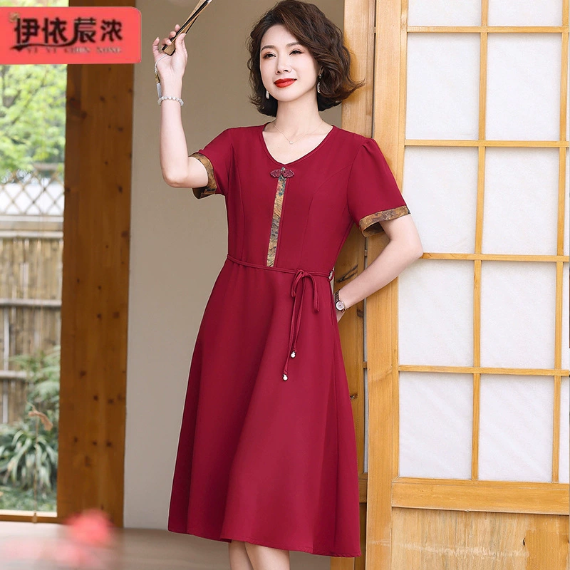 Мама летнее платье с короткими рукавами с круглым вырезом 50-летняя женская мода на зашнуровку средняя юбка высокого качества