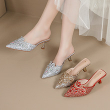 2024年夏新款网红水钻半拖鞋包头凉拖高跟拖鞋女外穿时尚细跟尖头