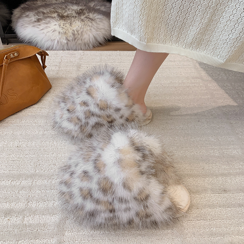 Cross-Border Large Size Solid Color Fluffy Big Fur Slippers Round Toe Flat Bottom Winter Baotou Home Warm Foreign Trade Cotton Slippers