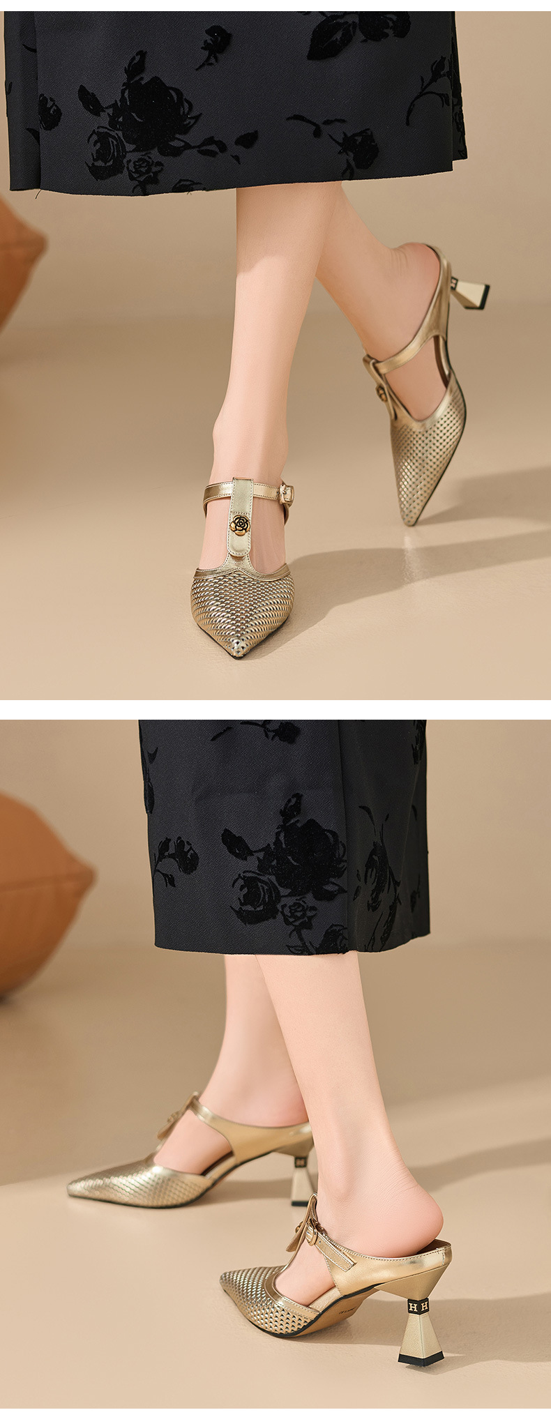 Sandal cao gót nữ quai chữ T mũi nhọn hở mũi, gót 7 cm — màu vàng chi tiết 7