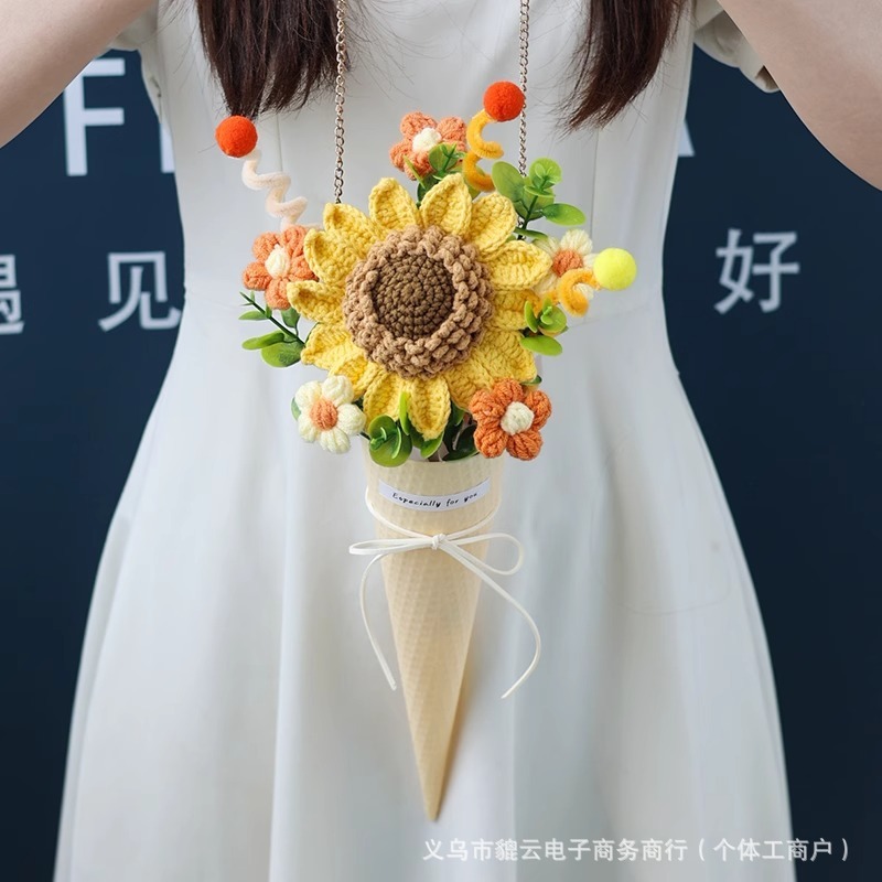 情人节手工编织向日葵毛线花成品混搭永生干花束闺蜜礼品韩系装饰|undefined