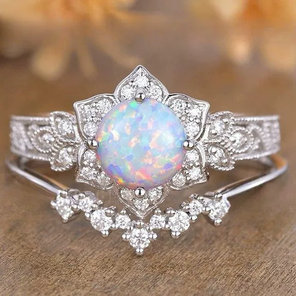 Huajie Cross-Border New Natural Opal Ring Fashion Niche Exquisite Design Pair of Rings Silver Flower Women's Ring