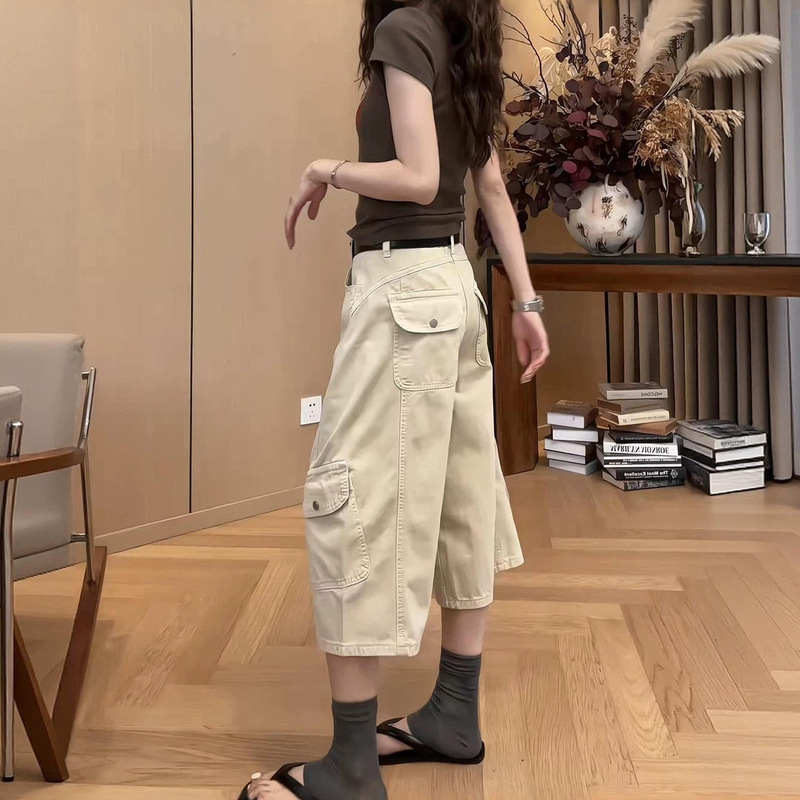 American-Style Cropped Jeans for Women, New Summer Style, Pear-Shaped Body Shape, Hip-Covering, Slimming, Multi-Pocket Design, Wide-Leg Cargo Pants American-Style Cropped Jeans for Women, New Summer Style, Pear-Shaped Body Shape, Hip-Covering, Slimming, Multi-Pocket Design, Wide-Leg Cargo Pants