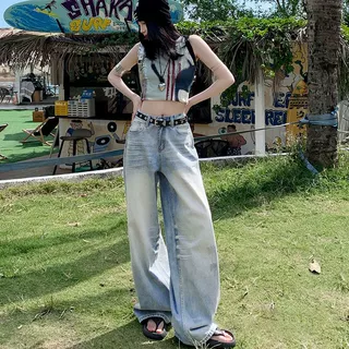 美式复古低腰阔腿牛仔裤女2025秋季新款水洗立体猫须设计感拖地裤