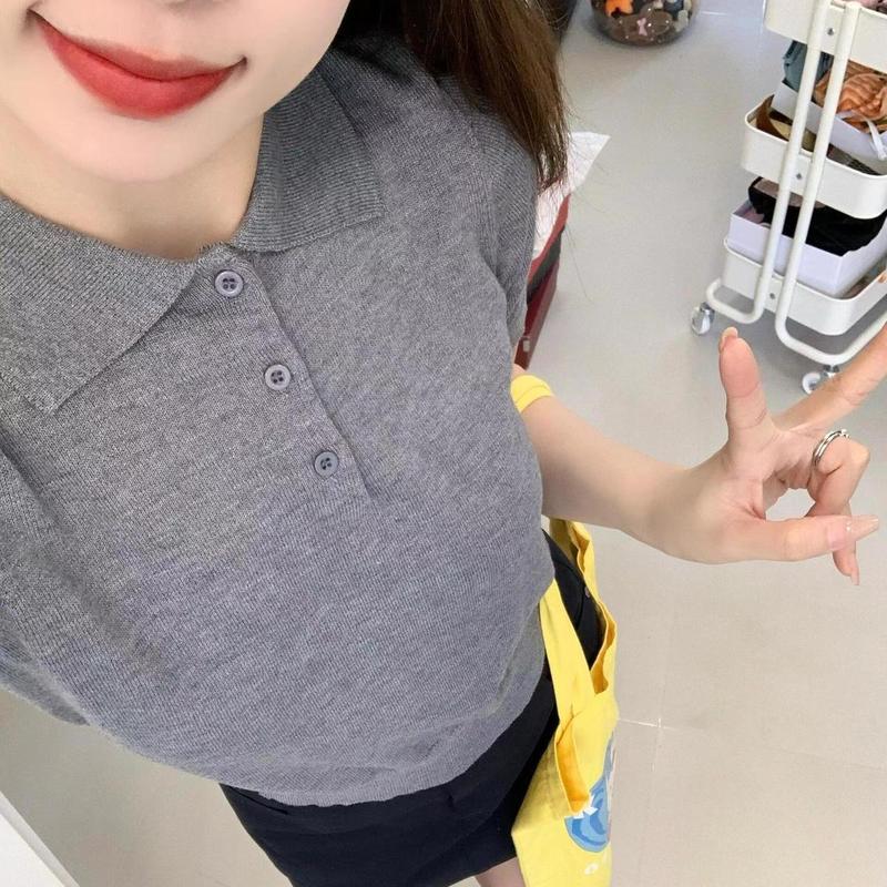 领针织衫恤女夏季宽松气质翻领短袖上衣|undefined
