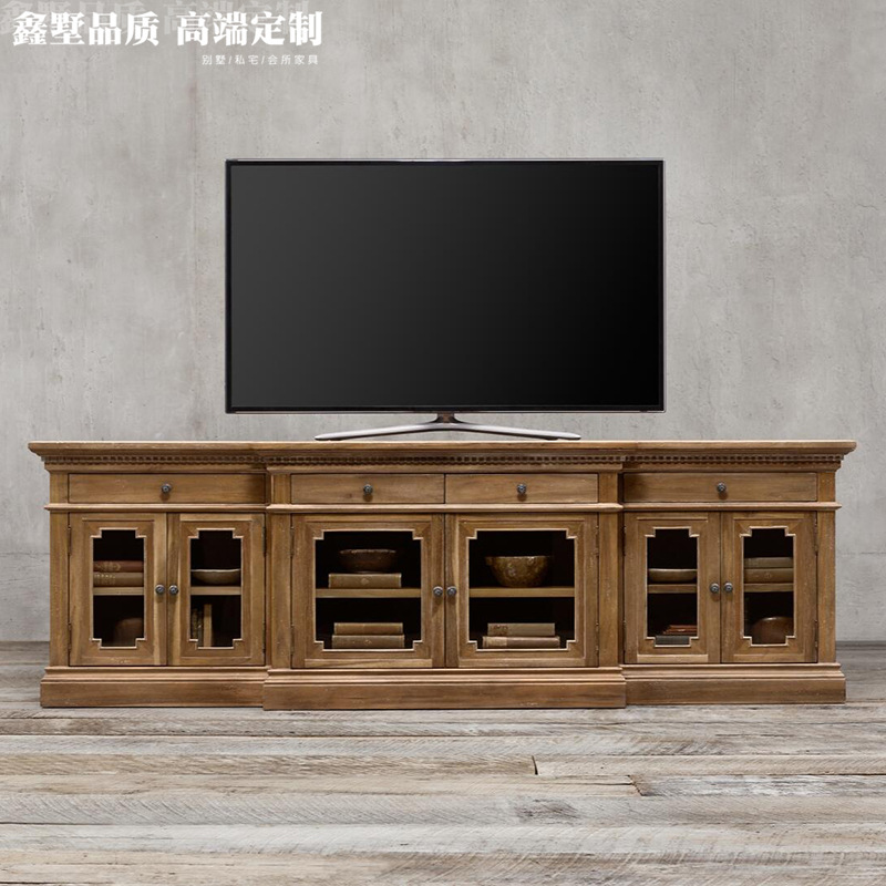 American Style Solid Wood TV Cabinet Full-length Furniture French Style Romantic Retro Small Apartment Floor Cabinet Living Room Storage Cabinet Model Room