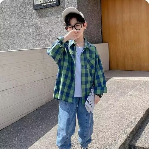 Children's Shirt Checkered Shirt New Spring and Autumn Medium and Large Children's Long-Sleeved Flannel Shirt Casual Fashion Trendy Jacket
