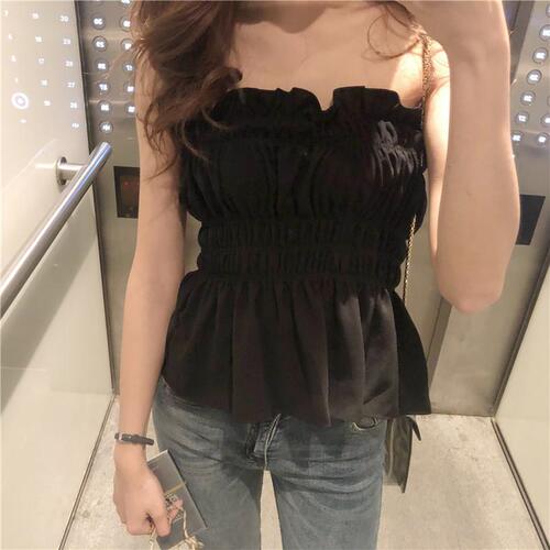 Women's Summer Korean Version New Compression Pleated Mushroom Edge Bralette Backless Short Sleeveless Top Outer Worn Base Shirt