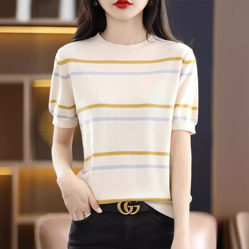 Cotton half sleeve women's top striped short sleeve T-shirt women's summer new casual simple color matching round neck wholesale T-shirt