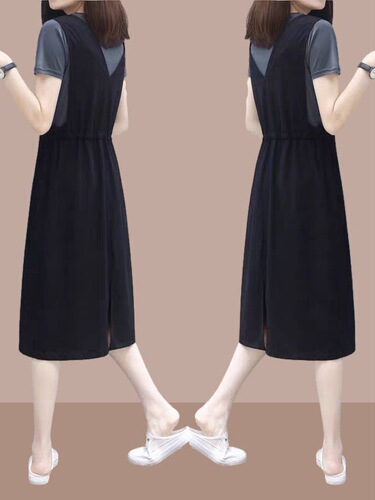 Large size women's clothing 2025 new style Korean loose slimming black dress for women's summer waist waist temperament small black dress