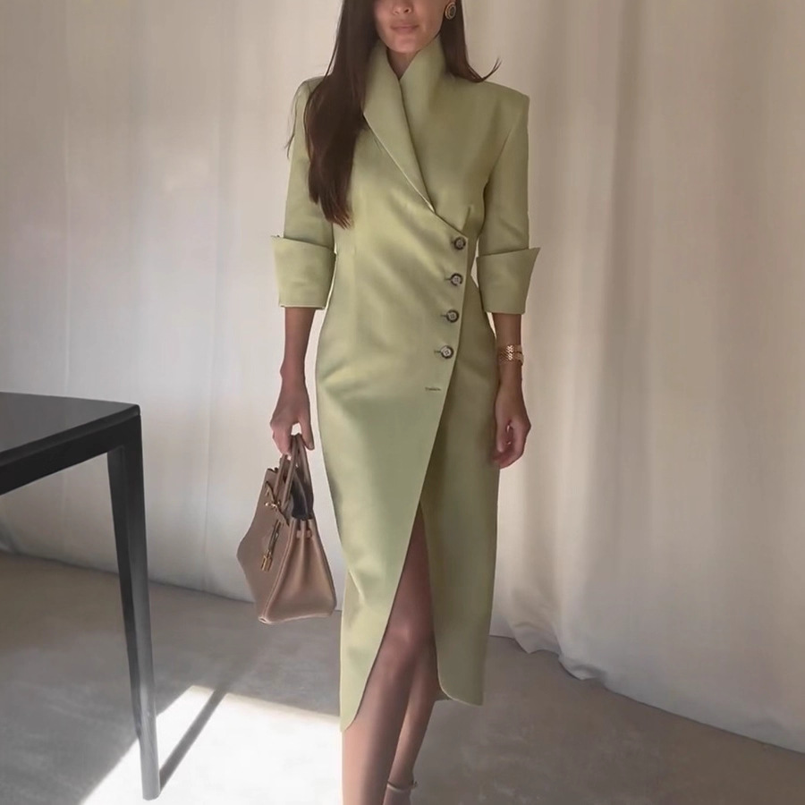 European and American Women's Fashion Cross-Border Mid-Sleeve Slim-Fit Stylish Blazer Trench Coat with Asymmetrical Hem Solid Color Jacket Independent Amazon 8202