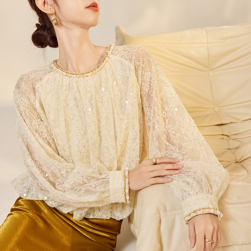New Chinese-style three-dimensional rhinestone and beaded round-neck long-sleeve shirt for women, autumn new lantern sleeve top P8019 New Chinese-style three-dimensional rhinestone and beaded round-neck long-sleeve shirt for women, autumn new lantern sleeve top P8019