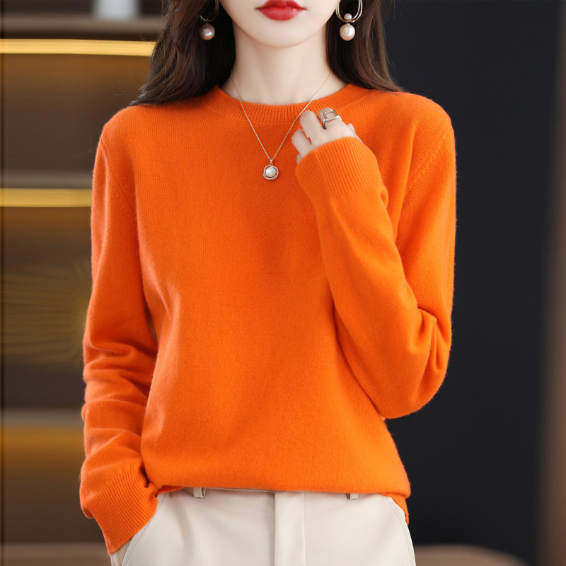 Otoño e Invierno 100% suéter de lana pura de las mujeres de cuello redondo Jersey corto de lana de manga larga suéter recto suéter a juego ropa exterior