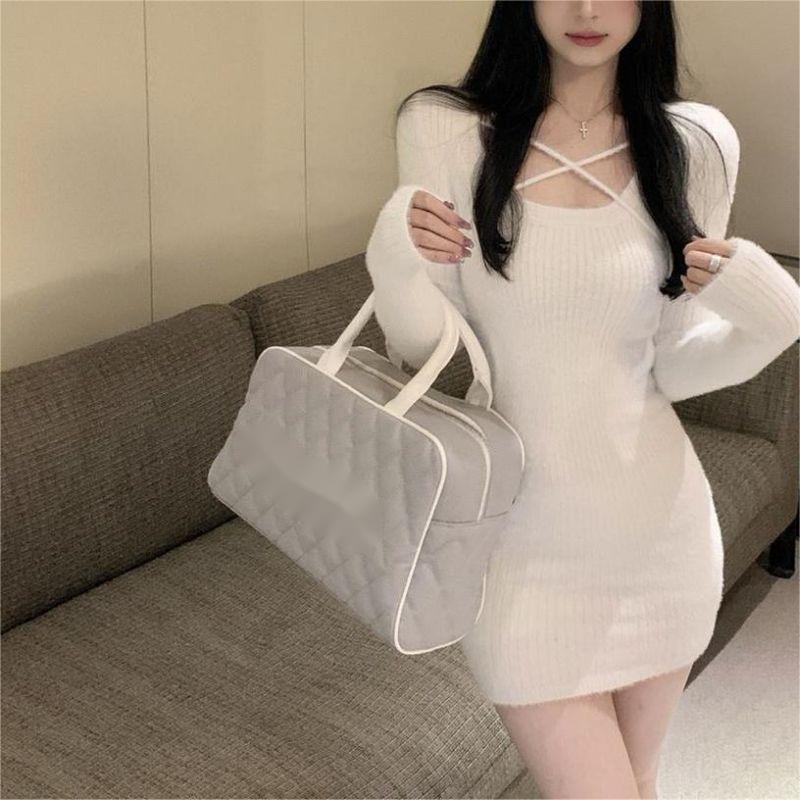 Autumn and Winter Women's Clothing Pure Desire Style Long Sleeve Knitted dress Women's White Square Neck Sweater Base Skirt Inner Hip Skirt