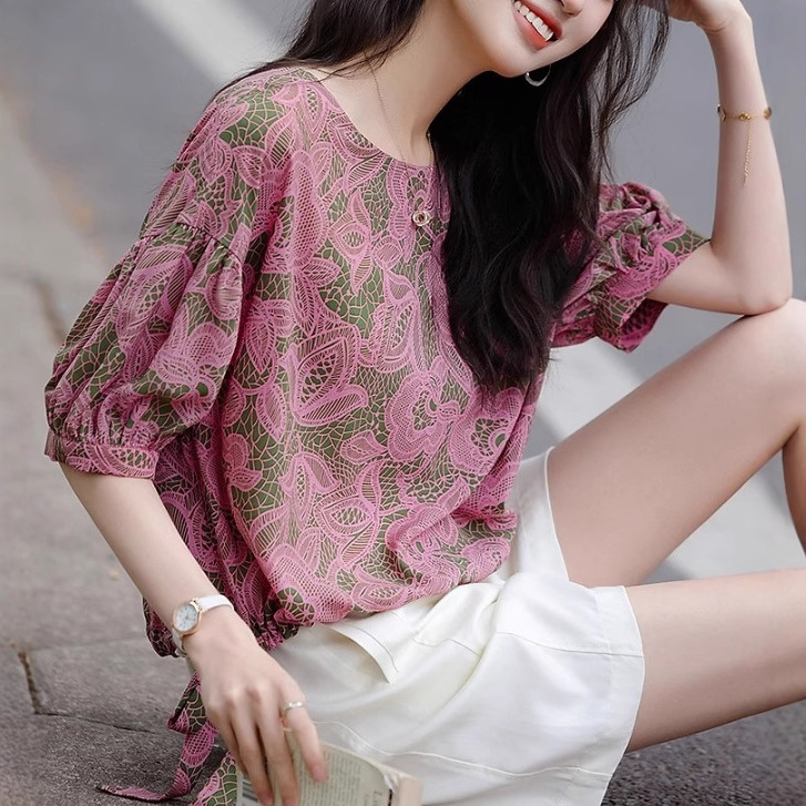 Elegant Composite Silk Flower Yao Summer French Style Lantern Sleeve Shirt Side Lace-Up Drawstring Shirt Women's Top