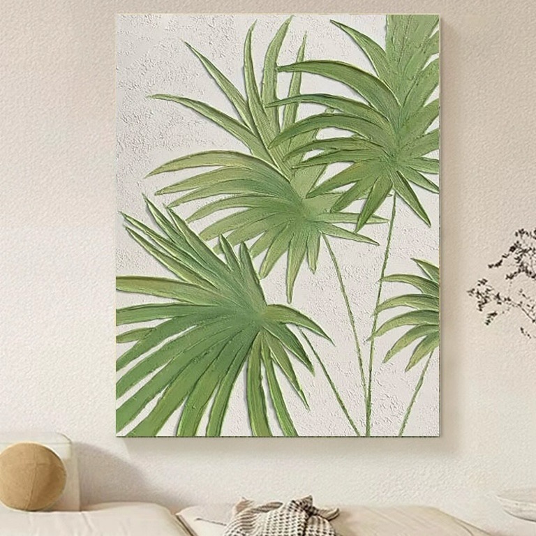 Home Daye Big Green Plant Hand-Painted Textured Oil Painting Normcore Cream Style Decorative Painting Hanging Painting Pure Hand-Painted