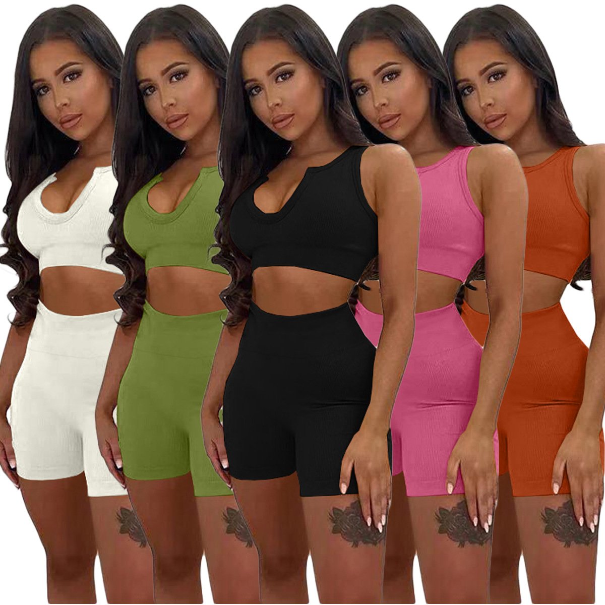 Sexy Solid Color Deep V Thickened Thread Sports 2 Piece Set NSOJS58979
