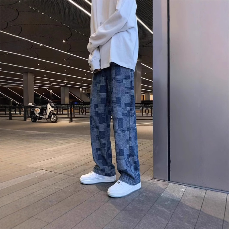 Wide Leg Jeans Men's Summer Thin Checkerboard Pants American Style High Street Fashion Brand Loose Straight Casual Pants