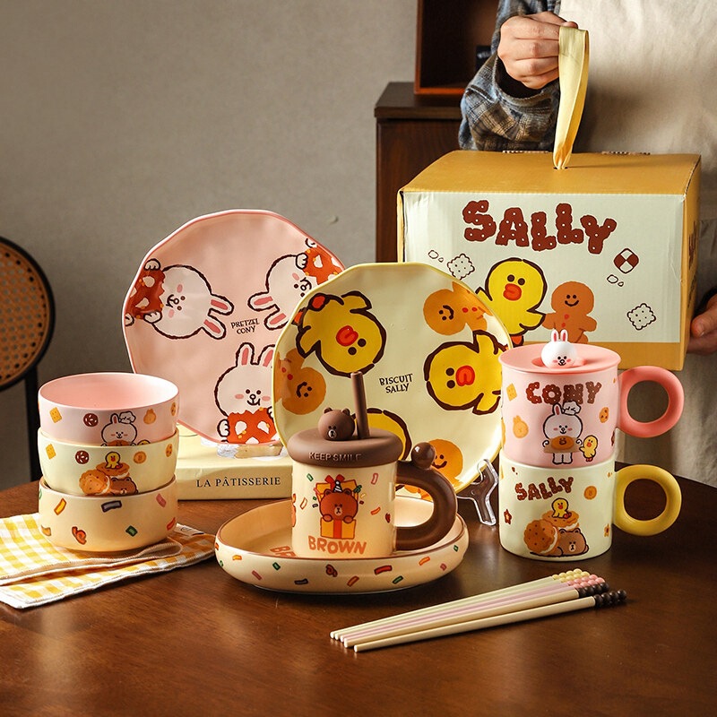 Girls' Cartoon Ceramic Bowls and Plates, One-Person Dining Tableware Set, Gift Box, Souvenir, Birthday, Housewarming, Wedding Gift Girls' Cartoon Ceramic Bowls and Plates, One-Person Dining Tableware Set, Gift Box, Souvenir, Birthday, Housewarming, Wedding Gift