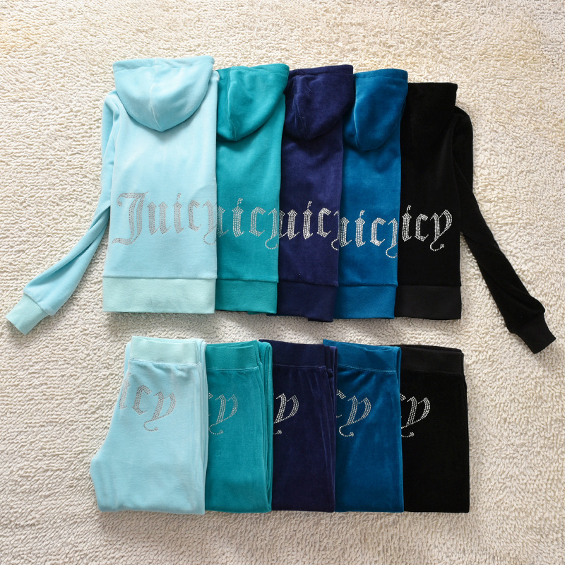 New Cross-Border Velvet Fashion Casual Suit for Women, Rhinestone Cardigan, Hooded Straight-Leg Pants, Two-Piece Sportswear Set