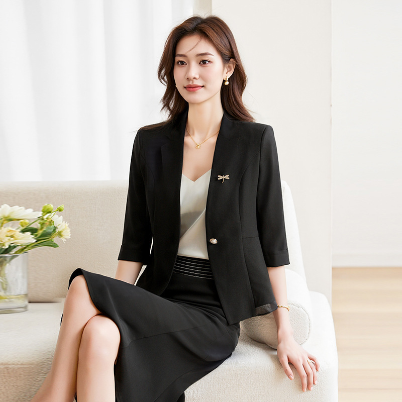 Yy2509 Mid-Sleeve Collarless Suit Jacket for Women 2025 Spring New Style Slim Fit Three-Quarter Sleeve Suit Top for Small People