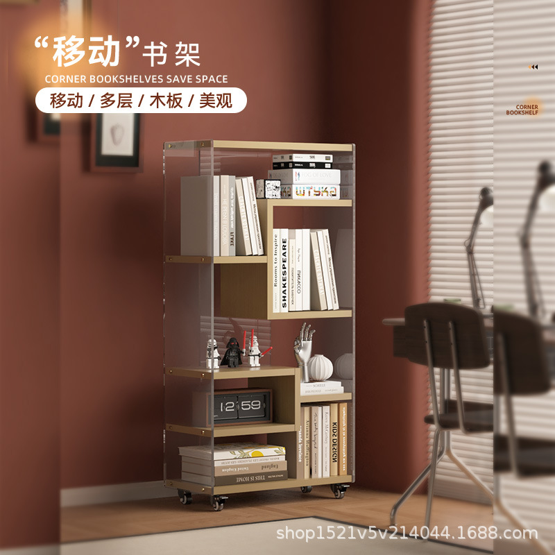 Acrylic Rotating Bookshelf Solid Wood Bookcase Student Storage Cabinet Solid Wood Bookshelf Mobile Floor-Standing Multi-Layer Storage Rack
