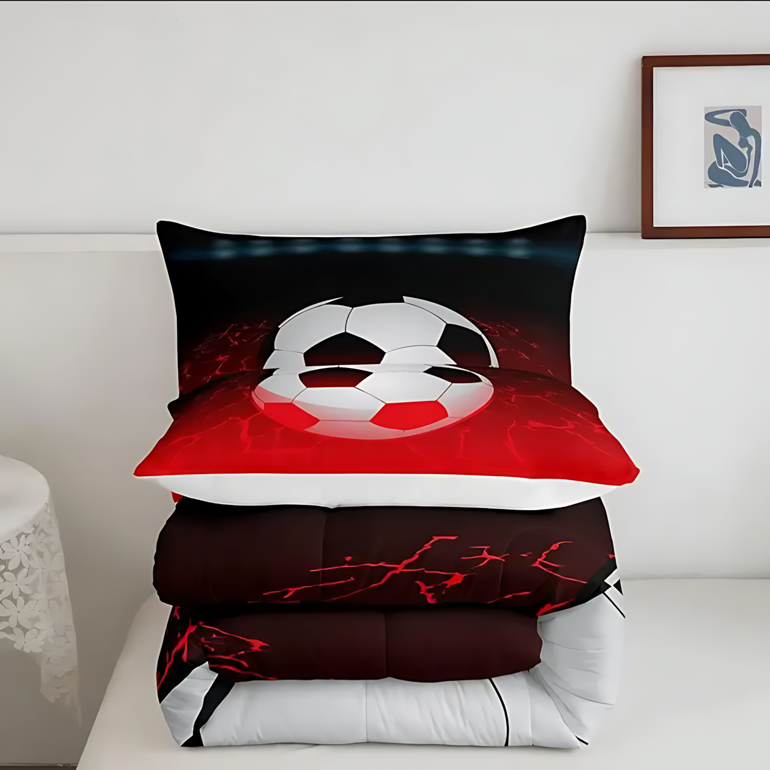TEMU / JIT moda clásica patrón de fútbol impresión digital 180gms edredón funda de almohada set fuente fabricante
