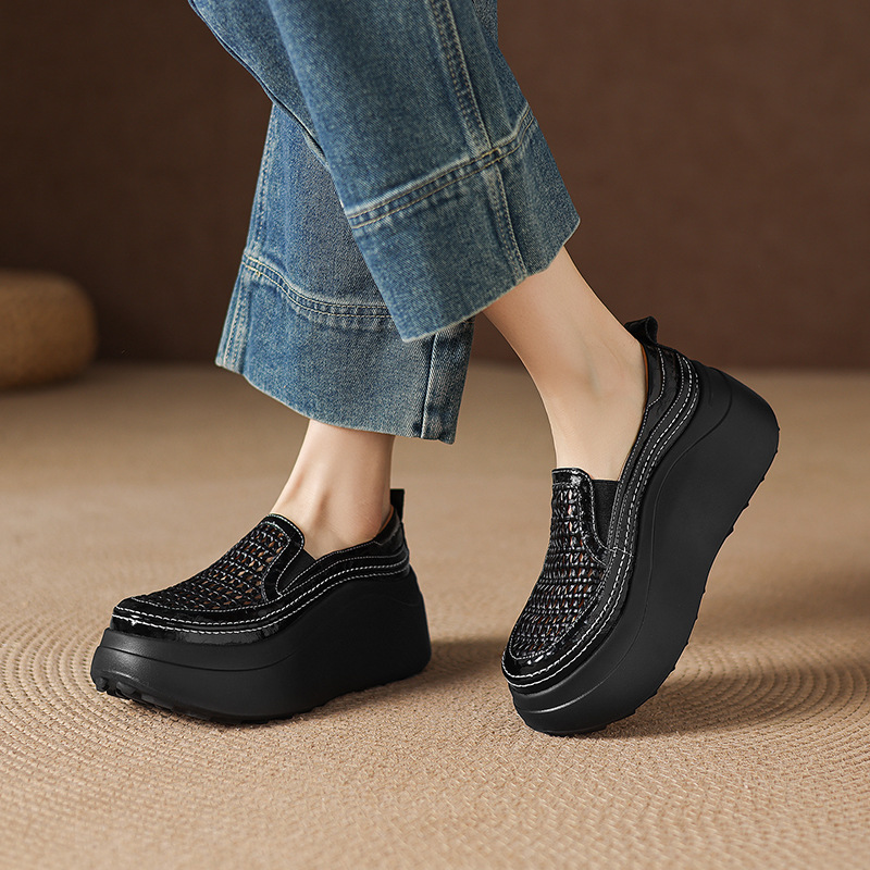 Giày sandal cao gót nữ hở mũi đế dày da thật mũi tròn phong cách lười — màu đen, màu trắng ngà