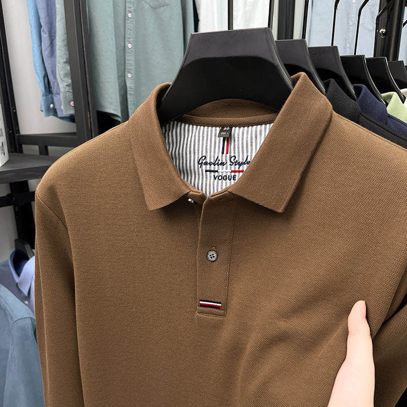 Áo polo nam dài tay cổ bẻ 100% cotton đánh bóng, form regular — nâu vàng